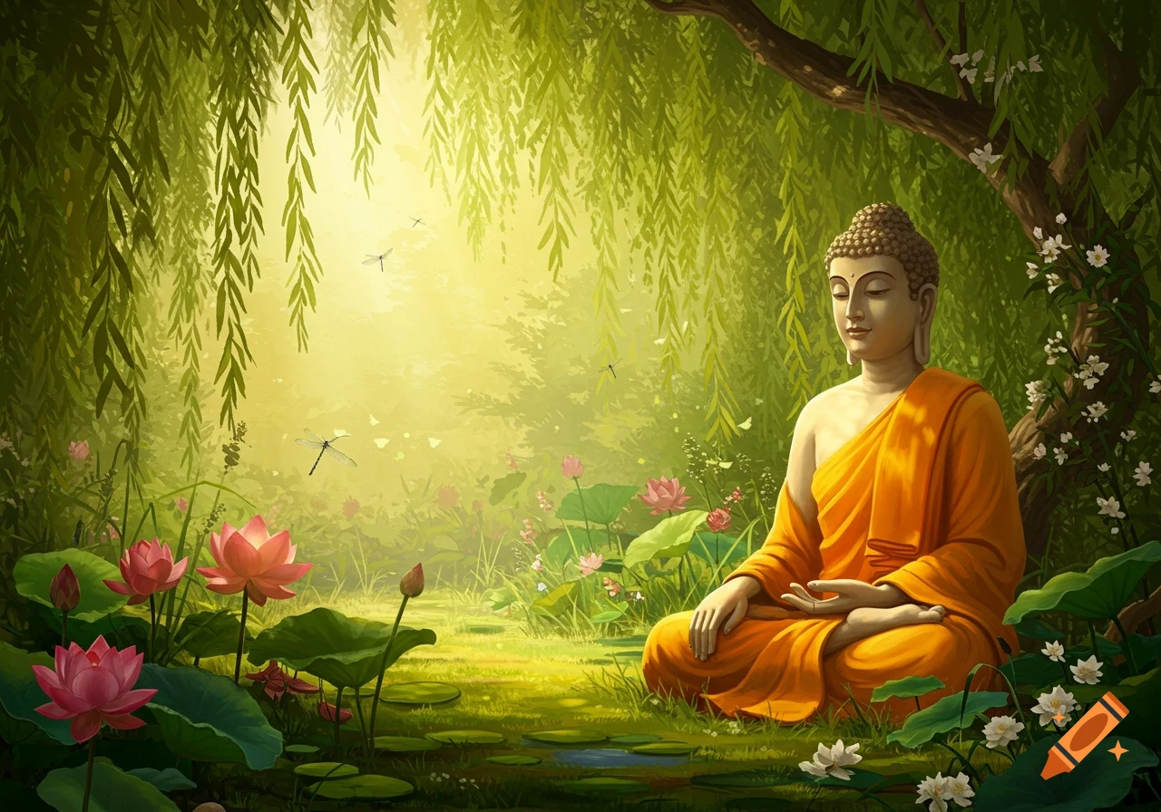 Buddha meditating peacefully in a lush green garden filled with pink lotus flowers, under weeping willow branches.