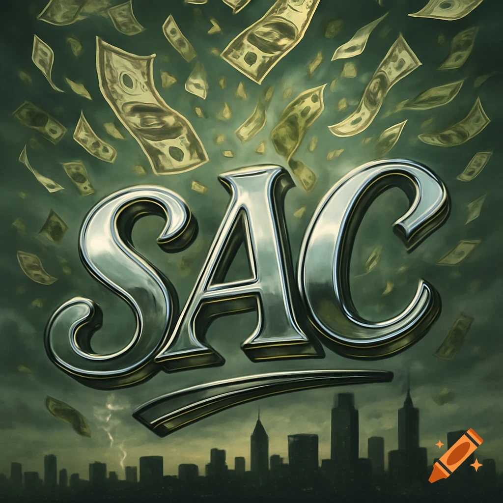 Metallic 'SAC' text under falling money and a stormy sky above a city skyline, graphic style.