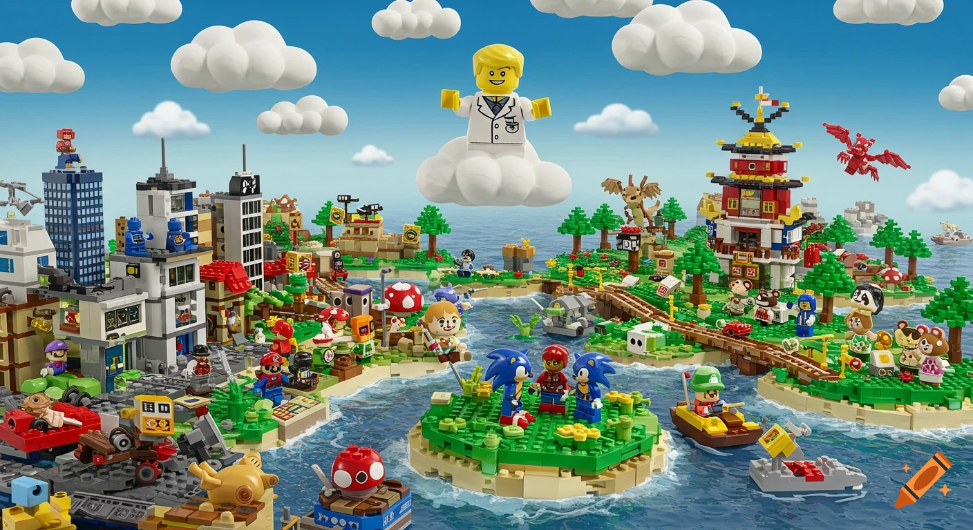 A vibrant Lego world with islands in blue water under a cloudy sky. Skyscrapers, a pagoda, forests with Animal Crossing and Sonic characters, Mario, and a Lego scientist on a cloud are visible.