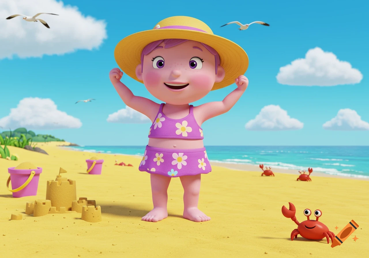 A happy cartoon child in a purple swimsuit and straw hat flexes muscles on a sunny beach with sandcastles and crabs.