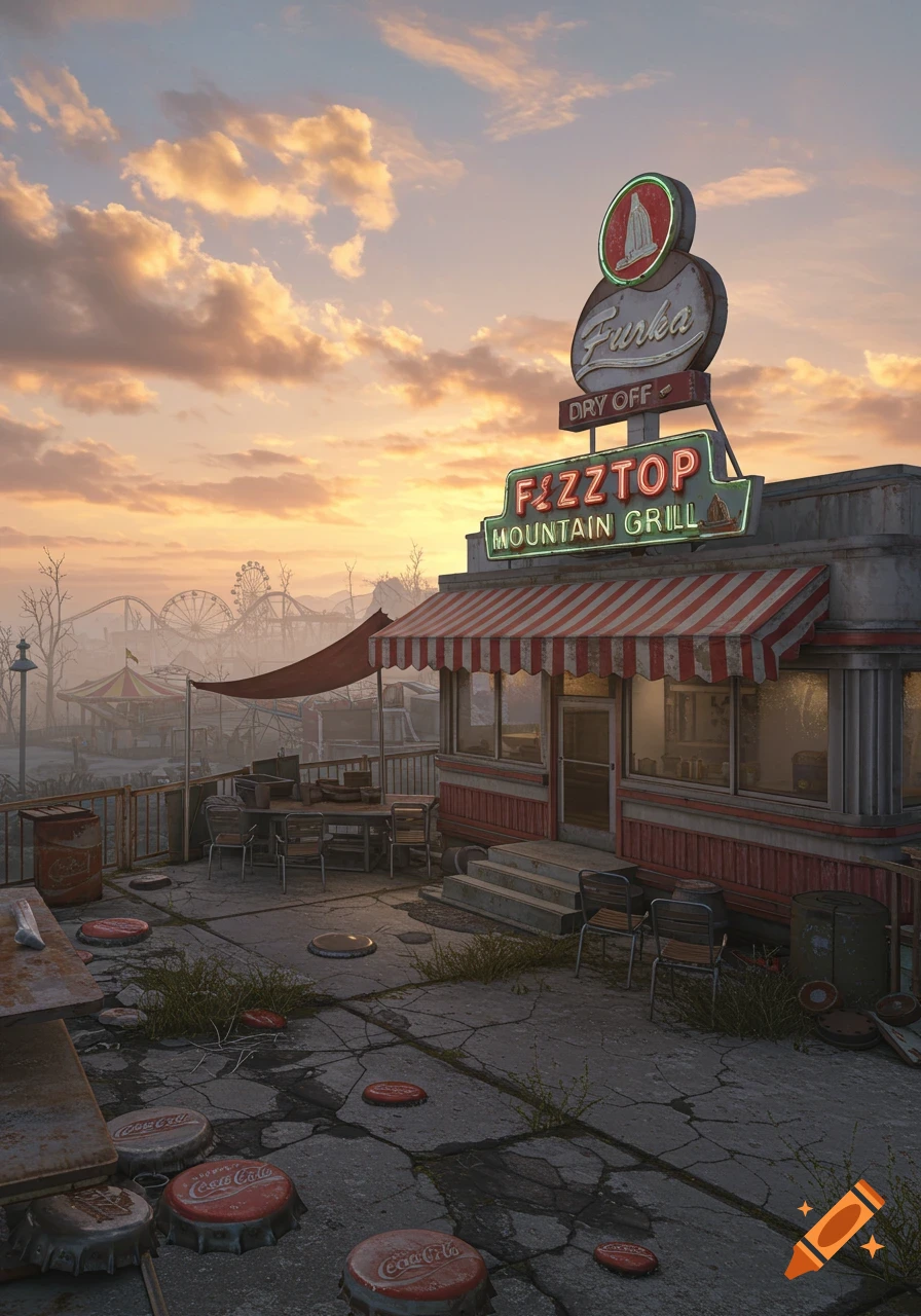An abandoned Fizztop Mountain Grill diner with neon signs glows under a sunset sky, overlooking a post-apocalyptic amusement park.
