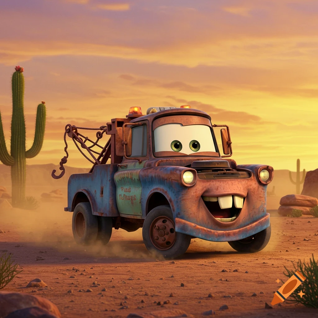 Mater, the rusty tow truck from Cars, smiles in a dusty desert with cacti and a sunset sky, in an animated style.