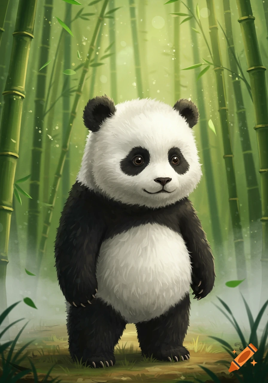 A cute, fluffy panda toddler stands upright in a lush bamboo forest, illustrated in a digital art style.