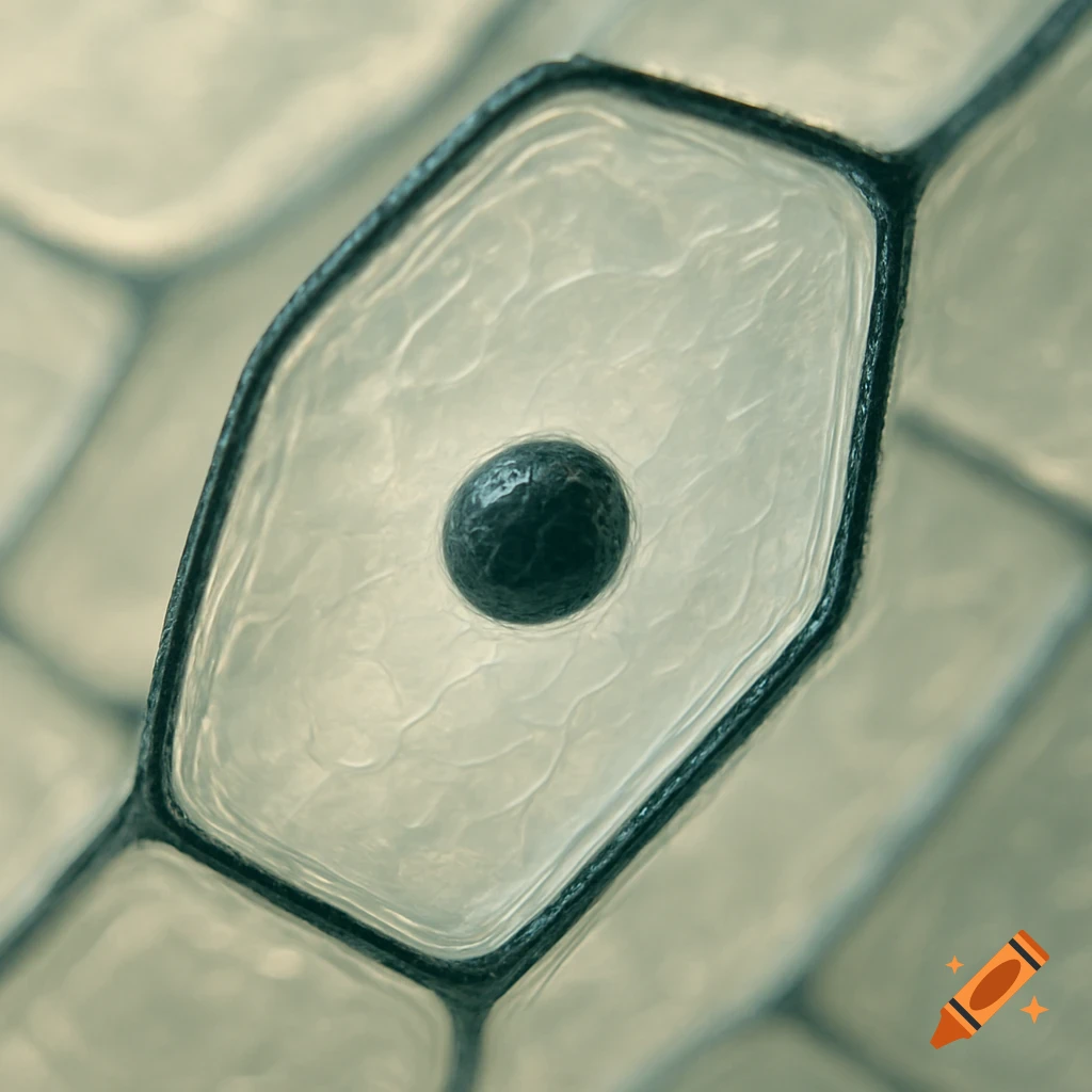 Close-up microscopic view of an elongated, six-sided onion cell with a dark nucleus within transparent cytoplasm.