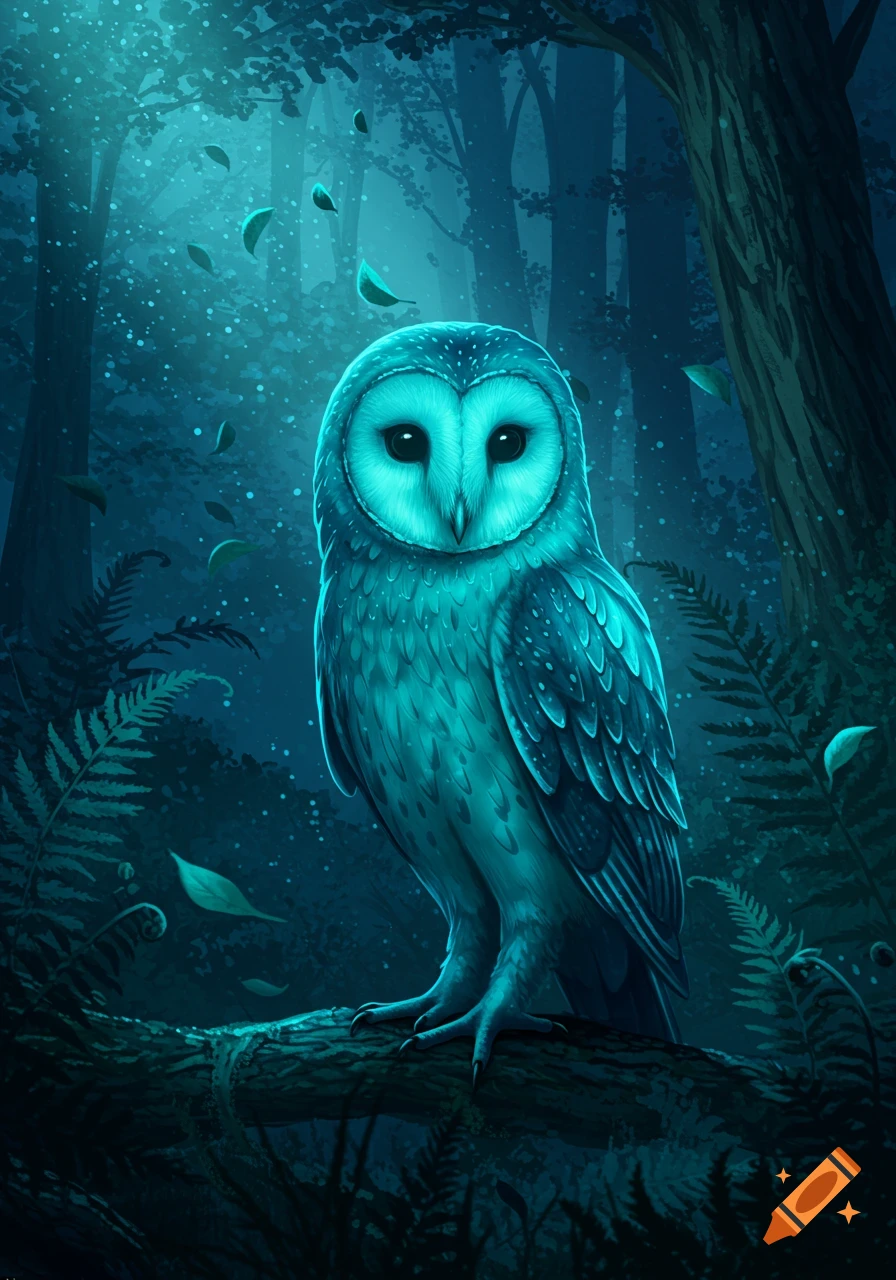 A glowing teal owl with large dark eyes perches on a log in a mystical, dark forest with leaves falling, digital illustration.