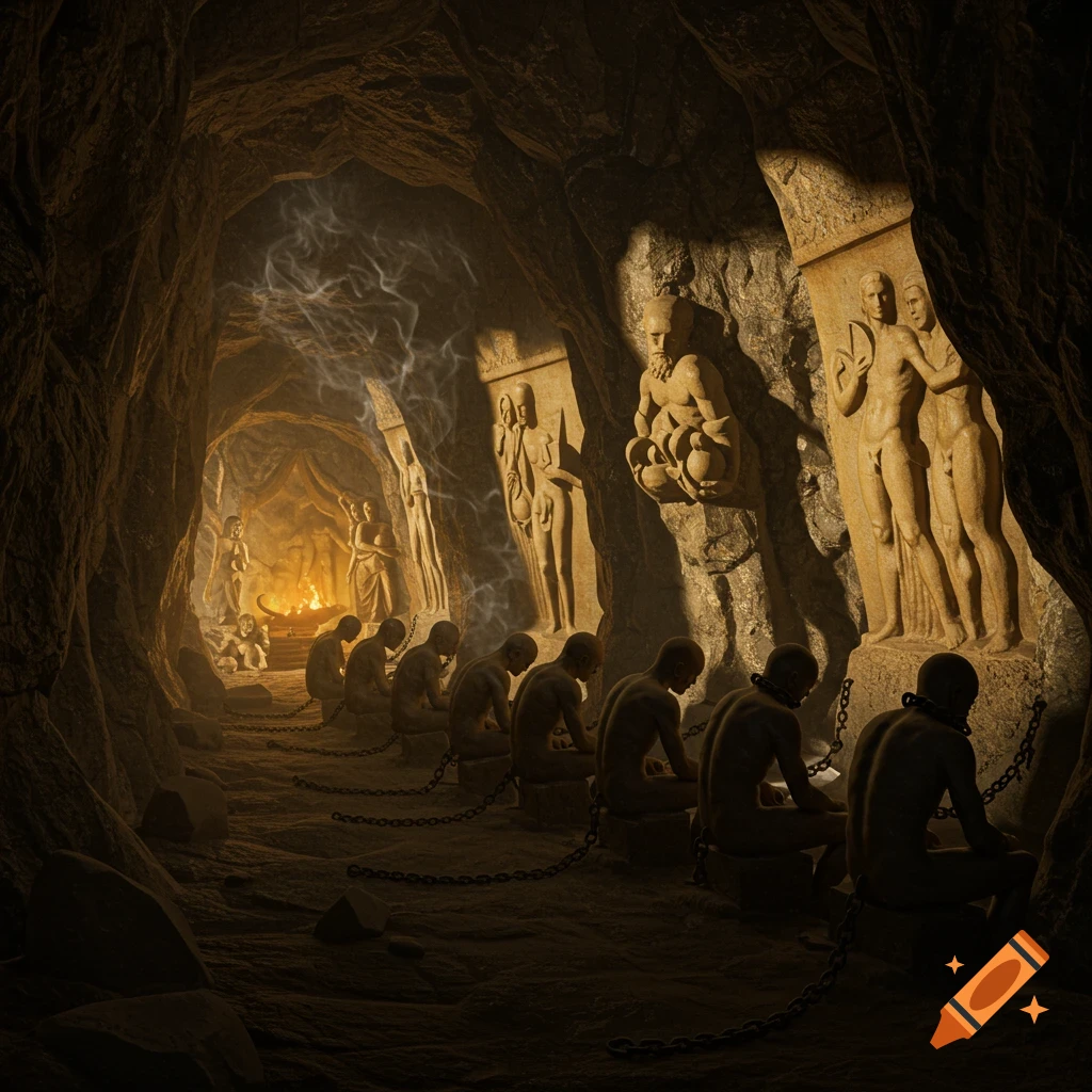Chained, nude male figures sit in a dark cave, facing a distant fire, with ancient carved reliefs on the walls.