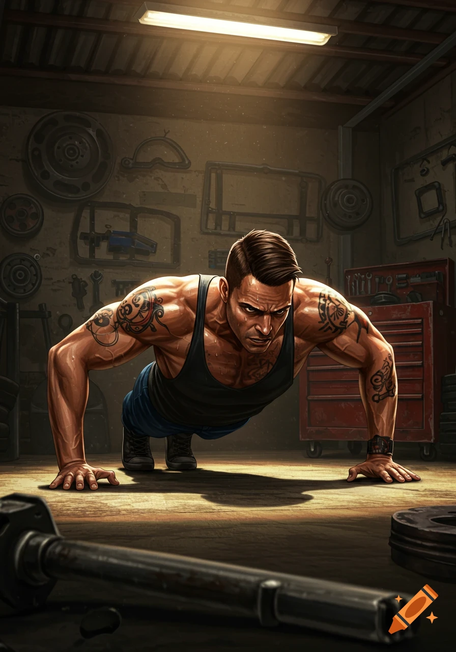 A muscular man in a tank top does push-ups on a garage floor with tools and a red cabinet in the background, sweat glistening.