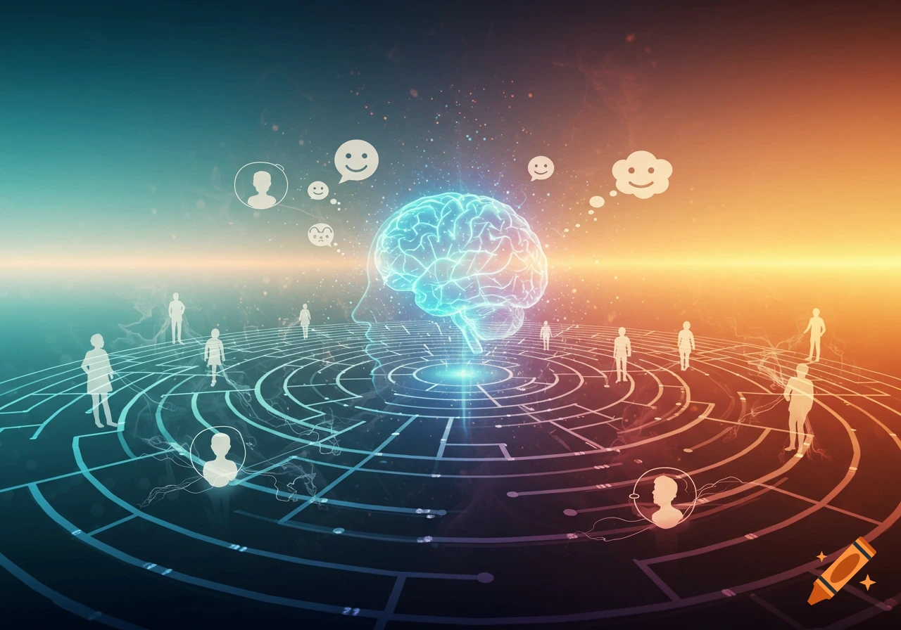 Glowing brain in profile connected to human silhouettes on a digital maze network with thought bubbles and emojis, abstract art.