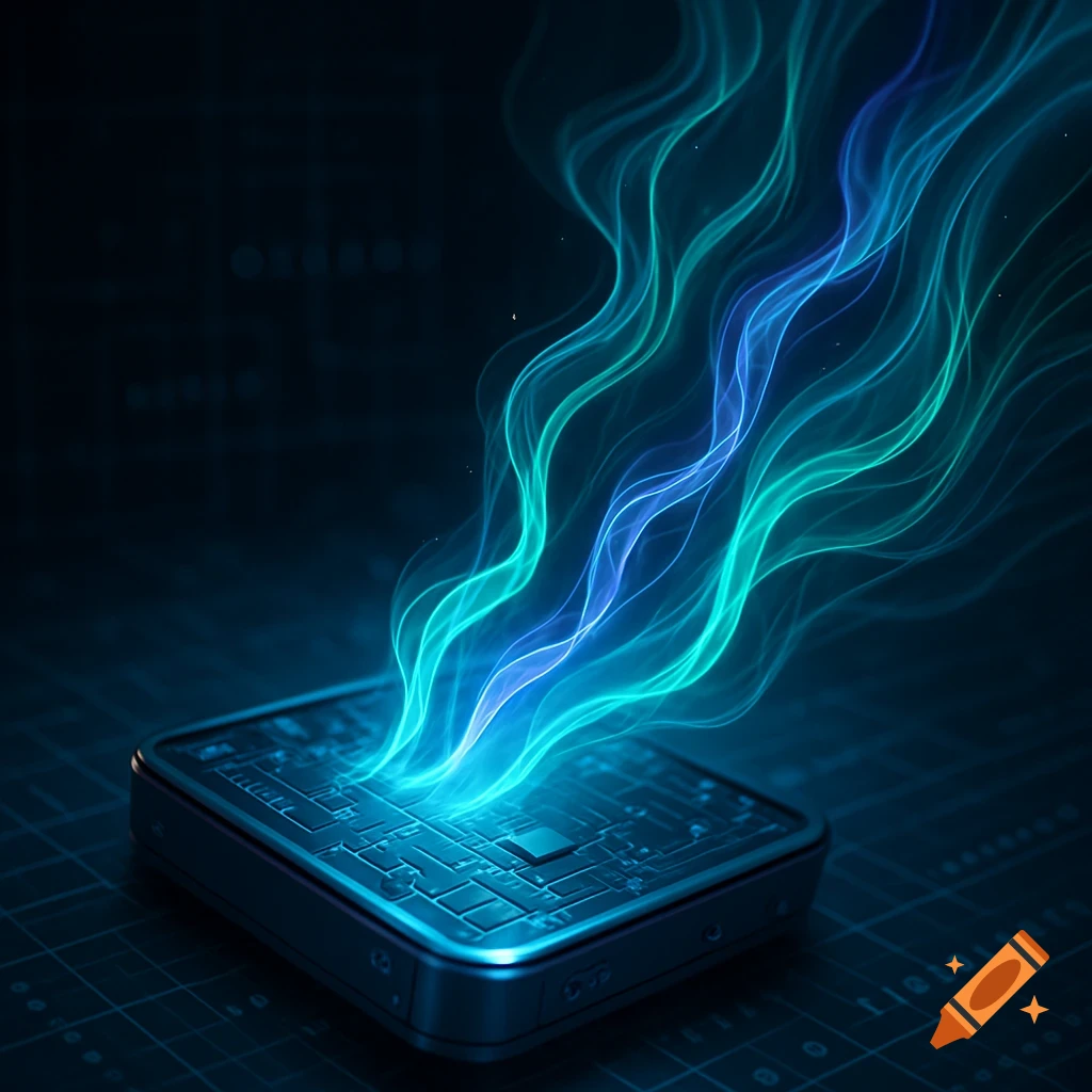 Glowing blue and green data streams rise from a metallic embedded system device on a dark, patterned background, digital art.