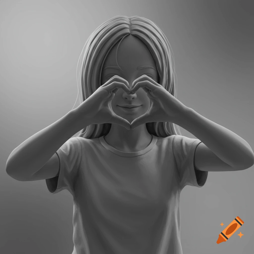 A 3D render of a grayscale girl in a t-shirt making a heart shape with her hands over her face.