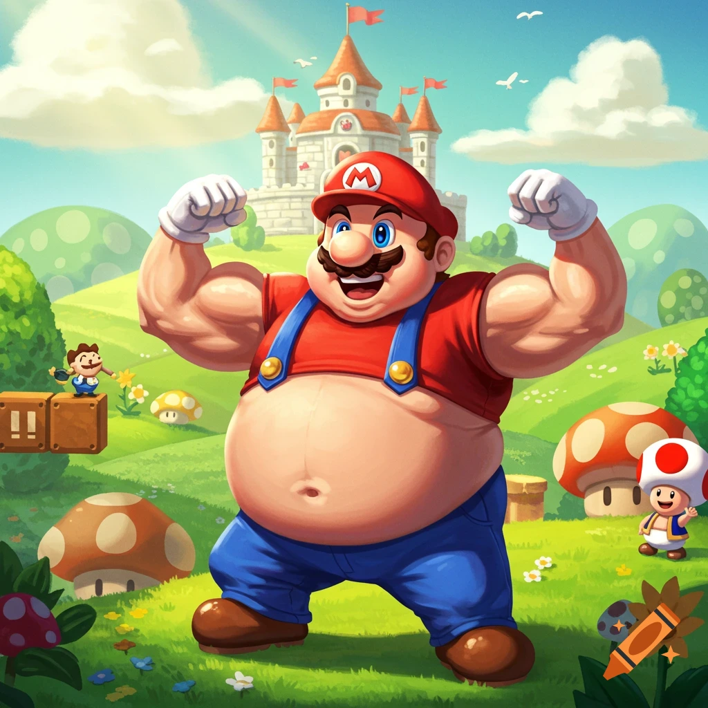 Chubby, muscular Super Mario flexes his biceps and smiles in a vibrant Mushroom Kingdom landscape with a castle in the background.
