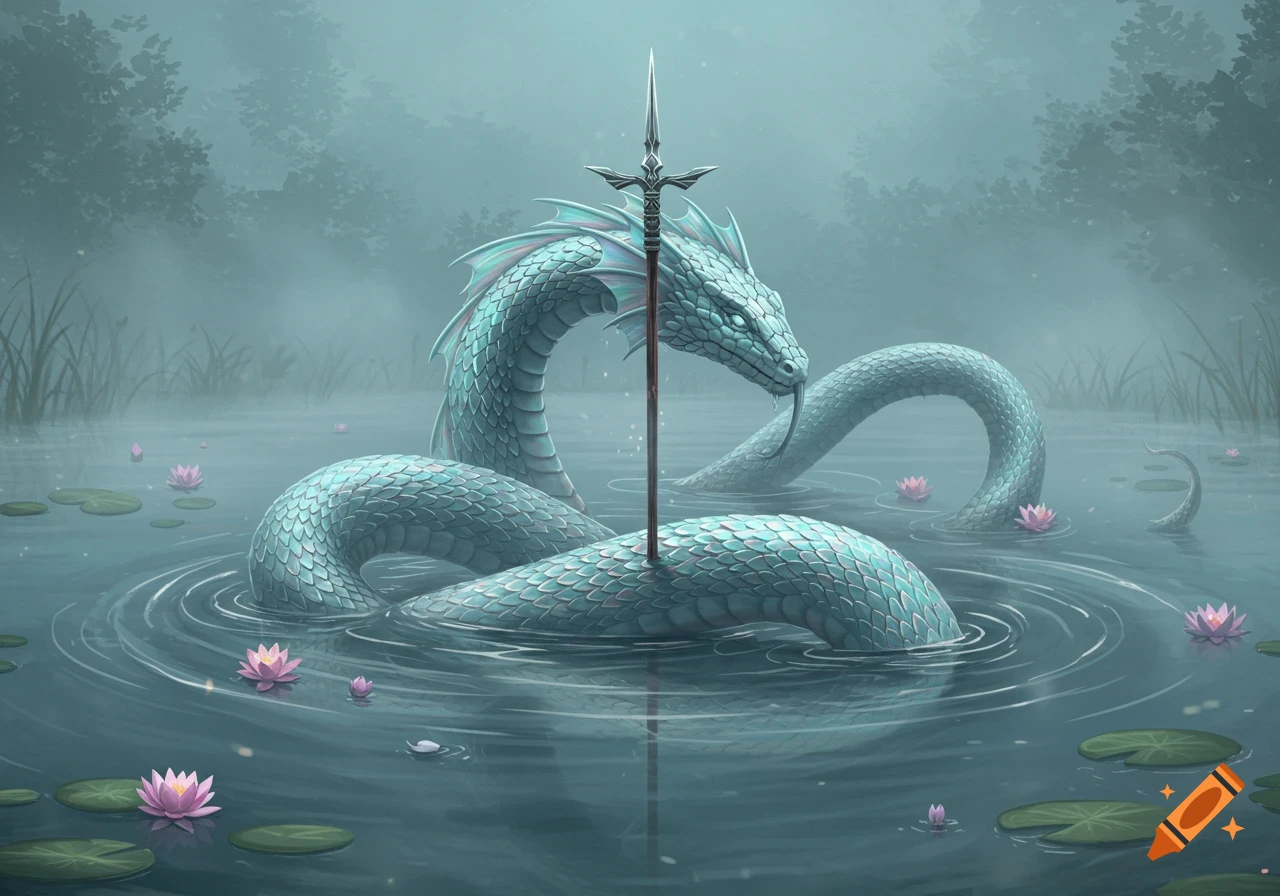 A large, scaly blue-green serpent in a misty lake with pink lotus flowers and a spear, in a fantasy art style.