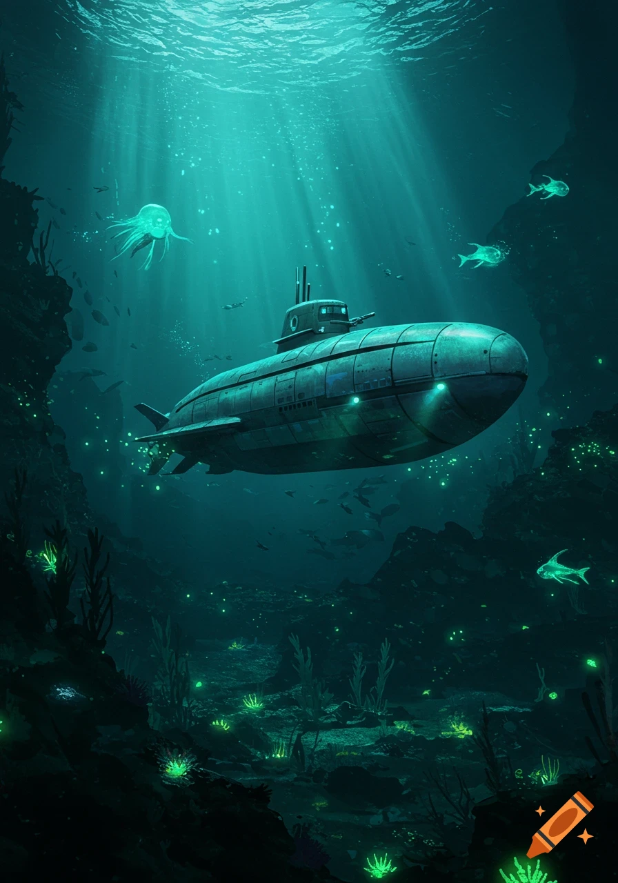 A large submarine navigates a dark deep-sea trench, illuminated by sunbeams and glowing bioluminescent marine life.