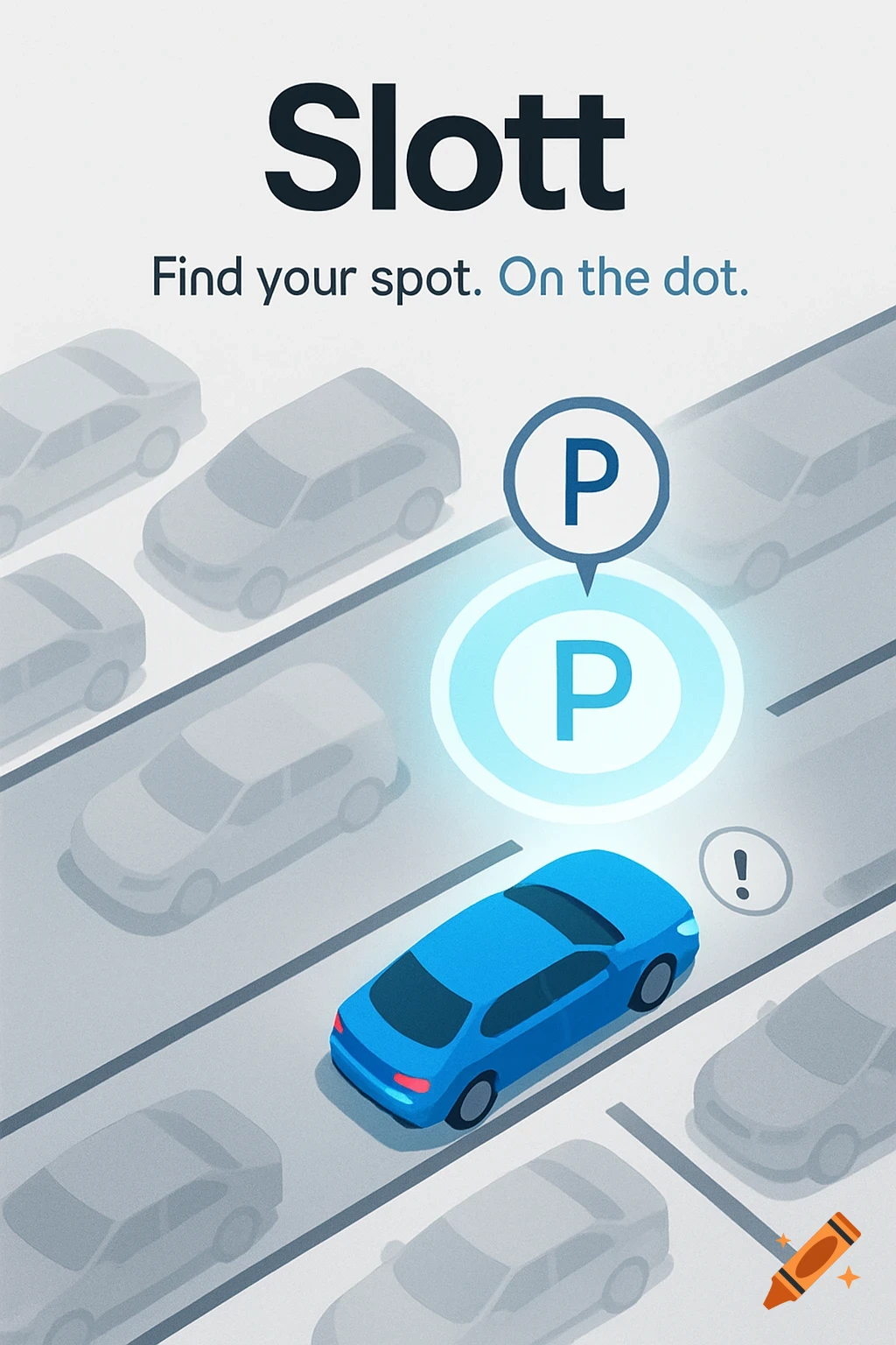Stylized marketing image for a parking app 'Slott', showing a blue car moving into a glowing parking spot on a street.