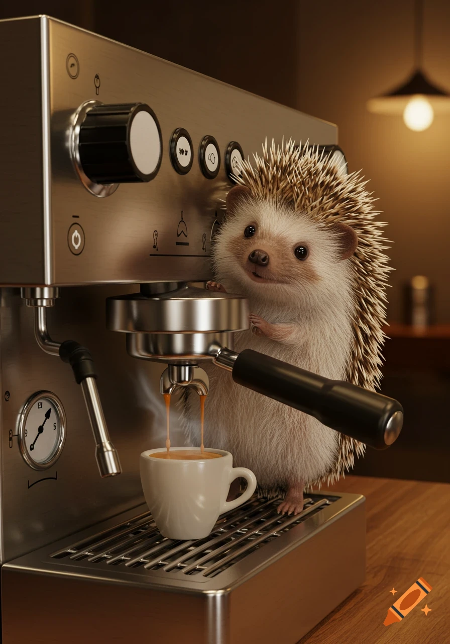 A cute, photorealistic hedgehog stands on a stainless steel espresso machine, expertly pulling a shot of coffee into a small white mug.