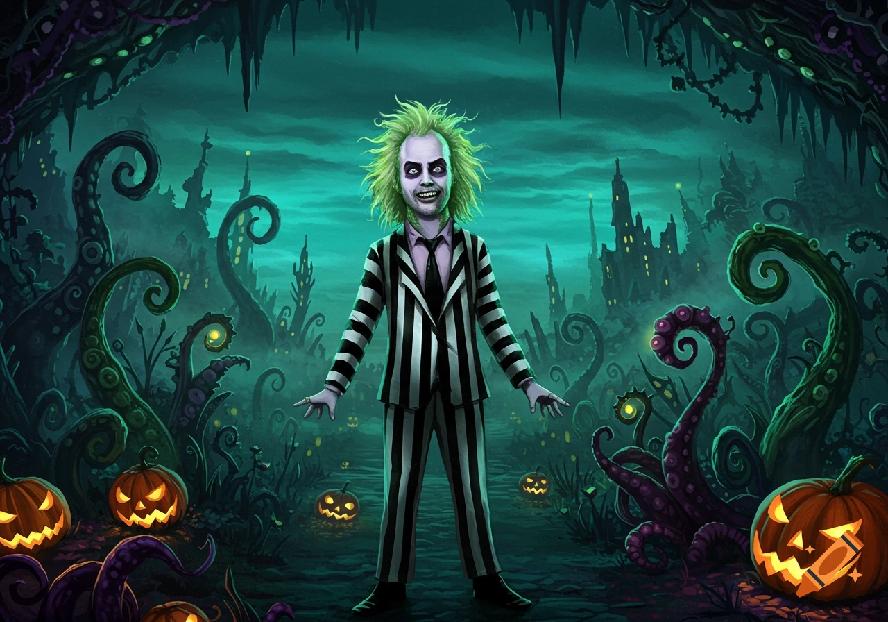 Stylized Beetlejuice character with green hair and a striped suit, standing in a spooky, dark fantasy landscape with jack-o'-lanterns and purple tentacles.