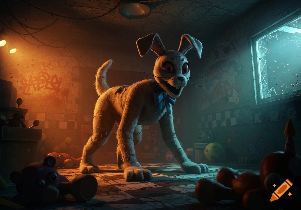 A creepy, dog-like animatronic rabbit with glowing red eyes and a blue bow kneels in a dark, graffiti-covered room.