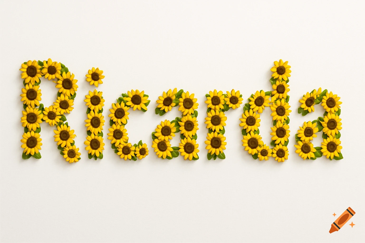 The name Ricarda spelled out with bright yellow sunflowers and green leaves on a pristine white background.