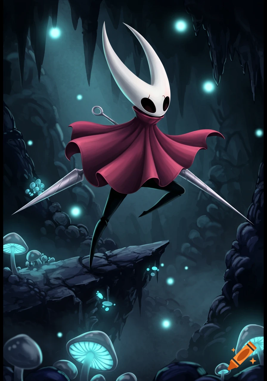 Hornet from Hollow Knight stands in a bioluminescent cave with glowing mushrooms, holding two needles.