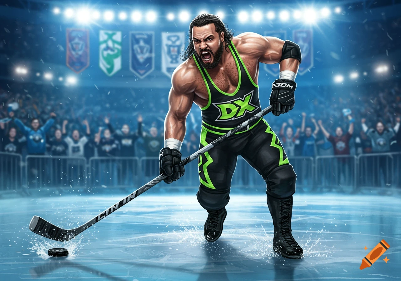 Muscular wrestler in black and neon green 'DX' singlet plays hockey on ice in a bright arena, with a fierce expression. Digital illustration.