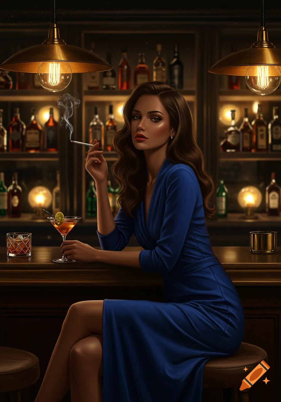 A brown-haired woman in a blue dress sits at a dimly lit bar, smoking a cigarette and holding a cocktail, digital art.
