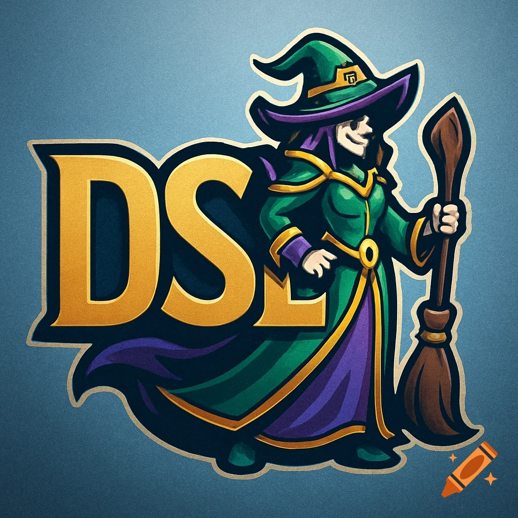 Logo with bold golden letters DSL and a stylized witch in green robes and a purple hat holding a broom.