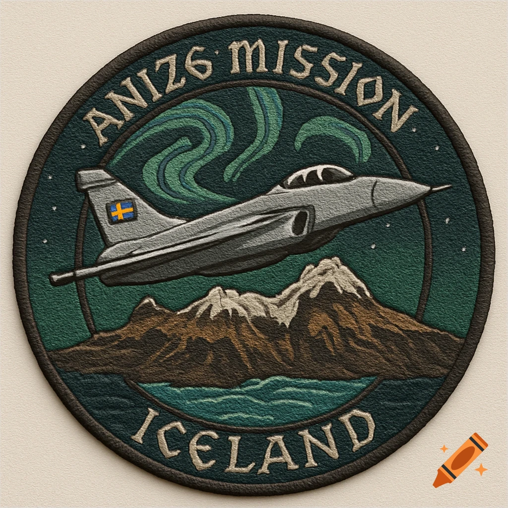Embroidered patch with a Swedish fighter jet, mountains, aurora, and text 'ANI26 MISSION ICELAND'.