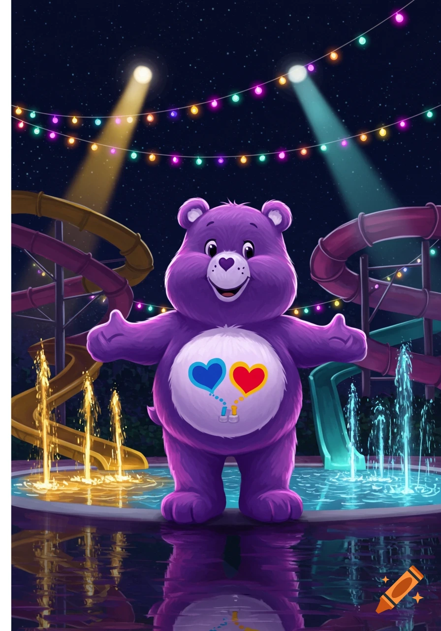 A cheerful purple Care Bear stands with open arms at a vibrant night water park with slides, fountains, and string lights.