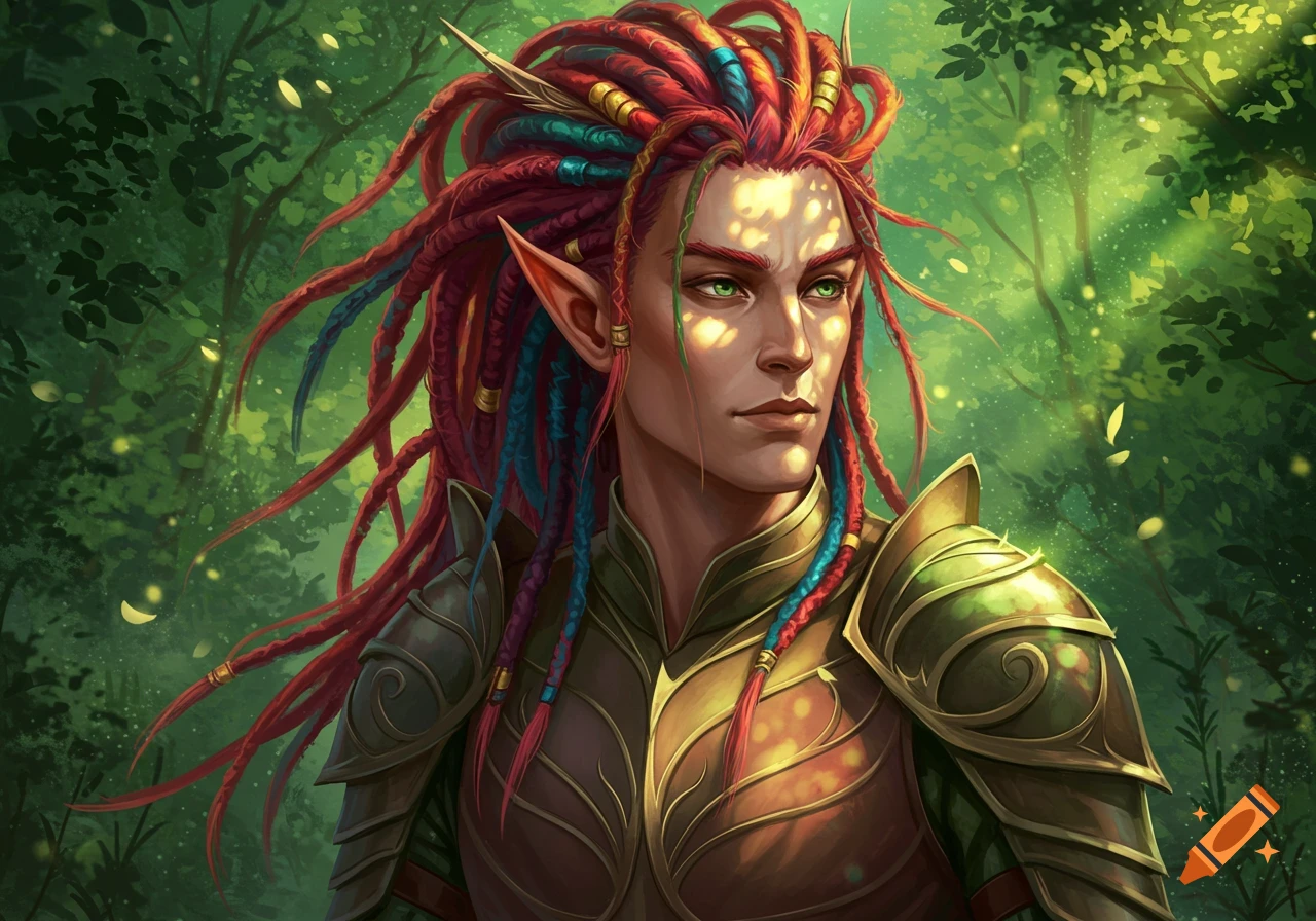 A detailed illustration of a fair-skinned male elf with colorful red and blue dreadlocks, green eyes, and elven ears, wearing green and gold armor in a sun-dappled forest.