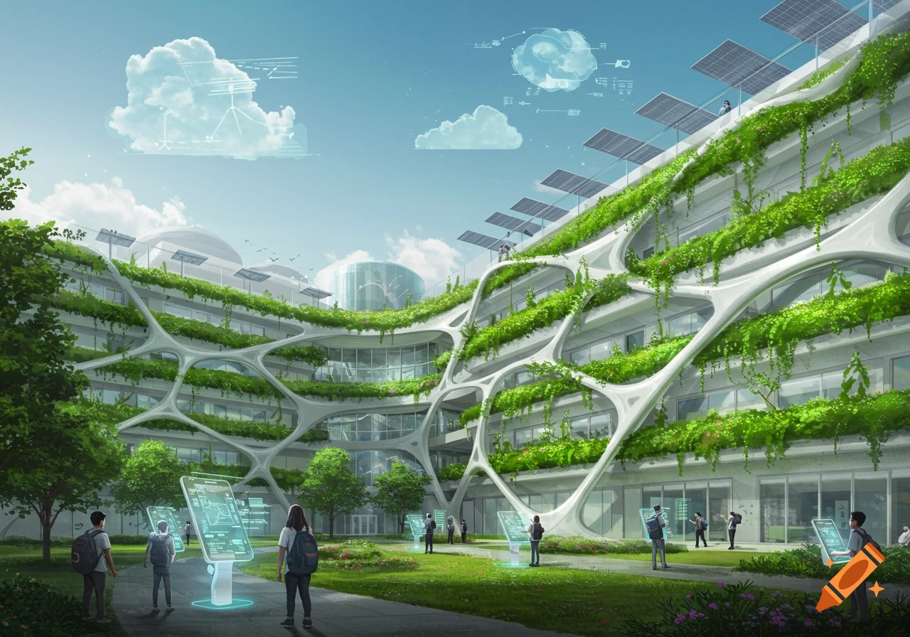 Futuristic eco-friendly school building with green walls, solar panels, and students interacting with holographic screens in a sunny courtyard.