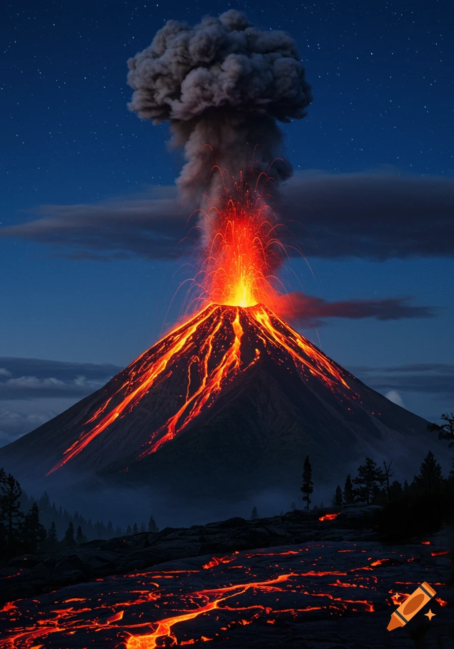 A majestic volcano erupts at night, spewing bright orange lava down its slopes and across the ground under a star-lit sky.
