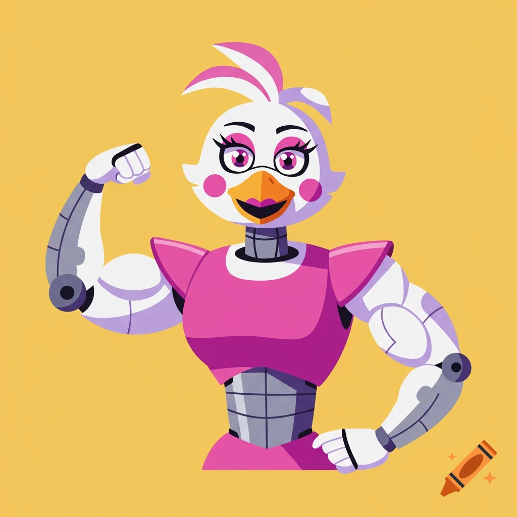 A cartoon illustration of a muscular Funtime Chica, a robotic chicken, flexing her bicep against a yellow background.