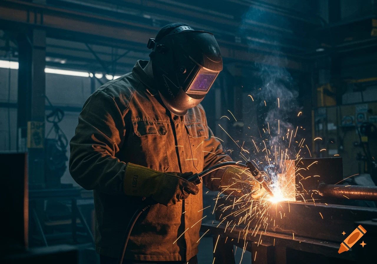 A welder in a helmet and protective gear creates bright sparks while working on metal in a dark industrial setting.