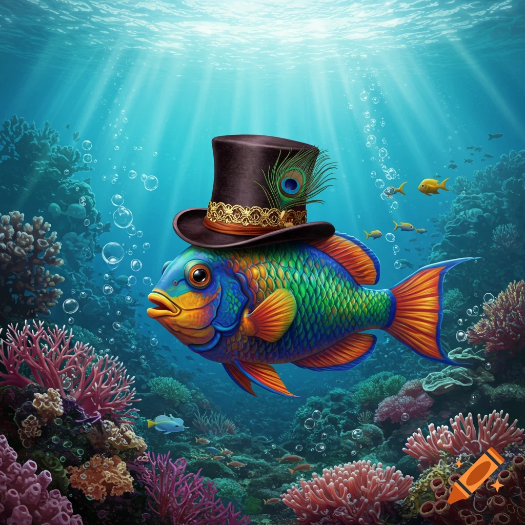 A vibrant, colorful fish wearing a top hat with a peacock feather swims in a coral reef underwater.