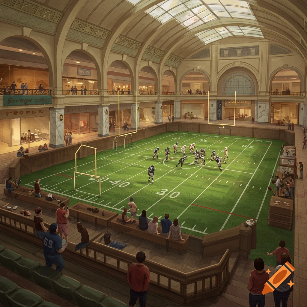 An American football game being played on a field inside a large, ornate indoor arena resembling a converted mall, with spectators watching from tiered seating.