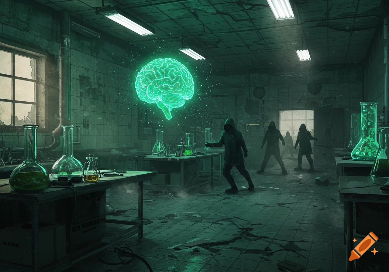 A glowing green brain hovers above a table in a dark, dilapidated laboratory where hooded figures stand among beakers and flasks.