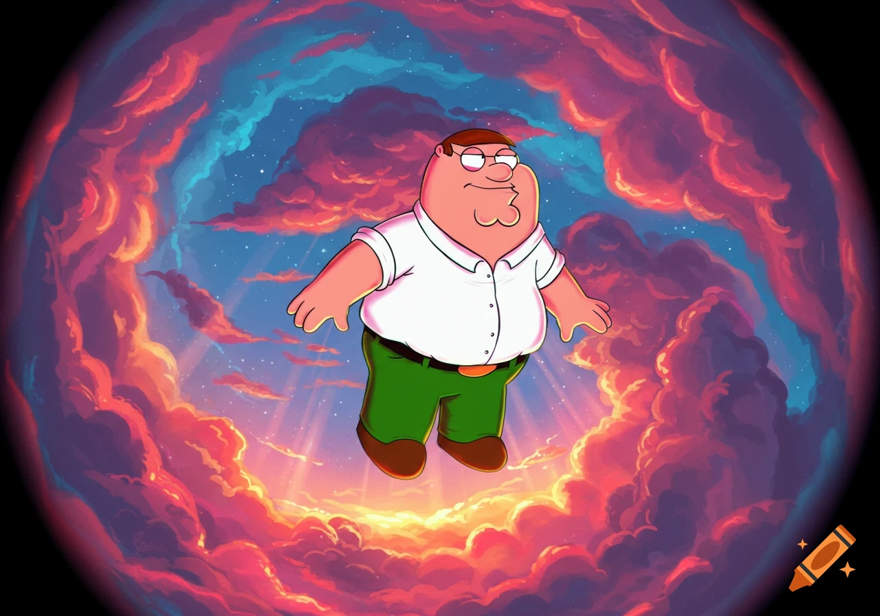 Cartoon character Peter Griffin floating amidst vibrant, swirling pink and orange clouds with light rays.