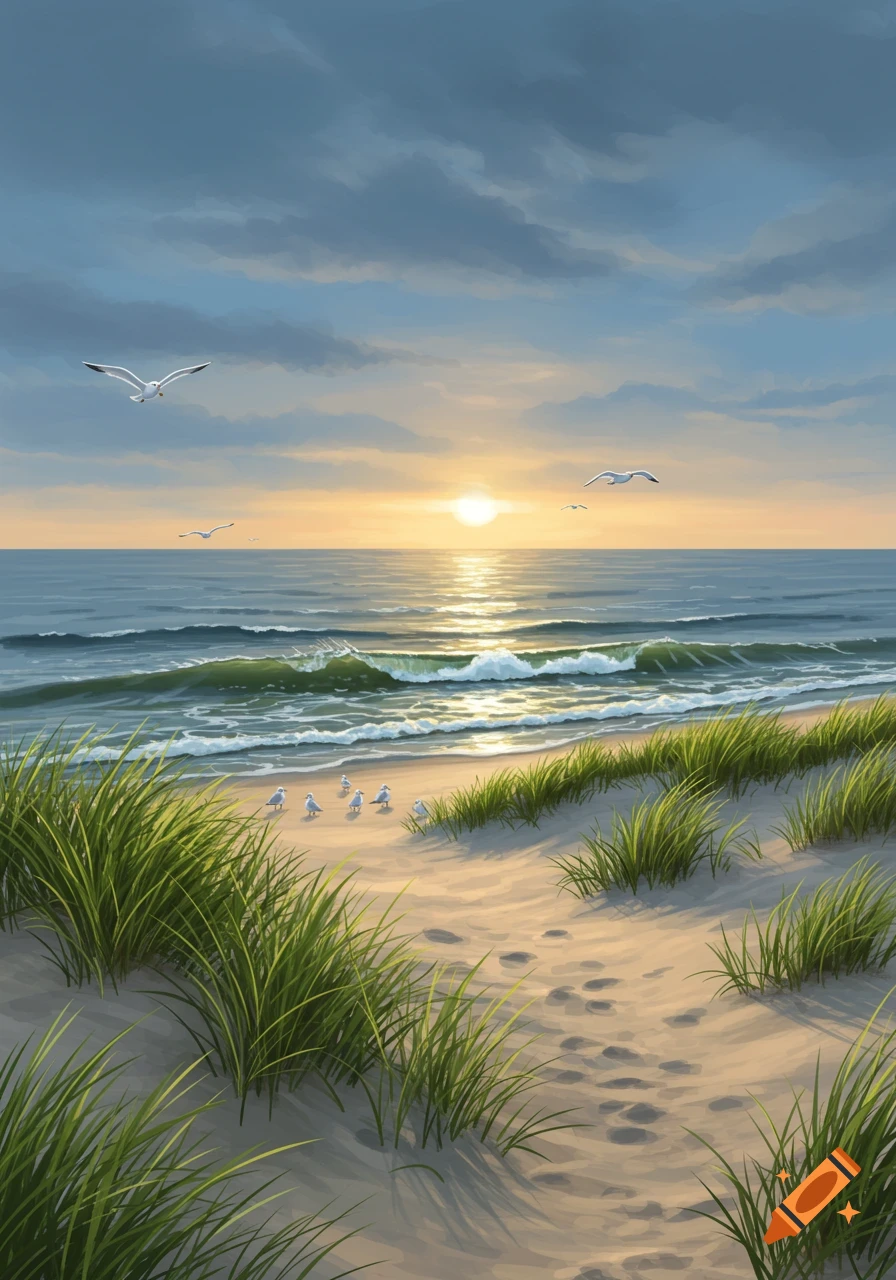 Painterly beach scene with green dune grass, ocean waves, seagulls, and a vibrant sunset over the water.