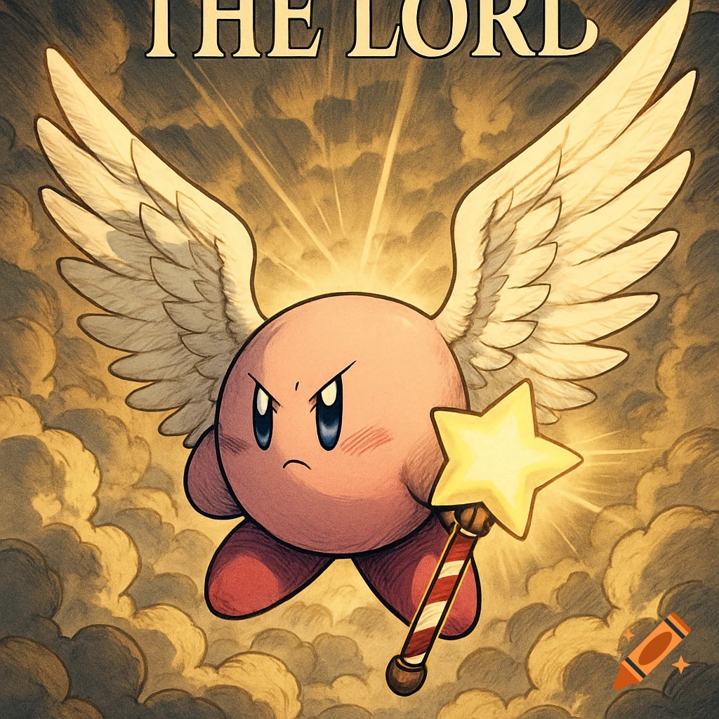 Winged Kirby with a determined expression flies through golden clouds, holding a glowing star rod, in an anime art style. Text 'THE LORD'.