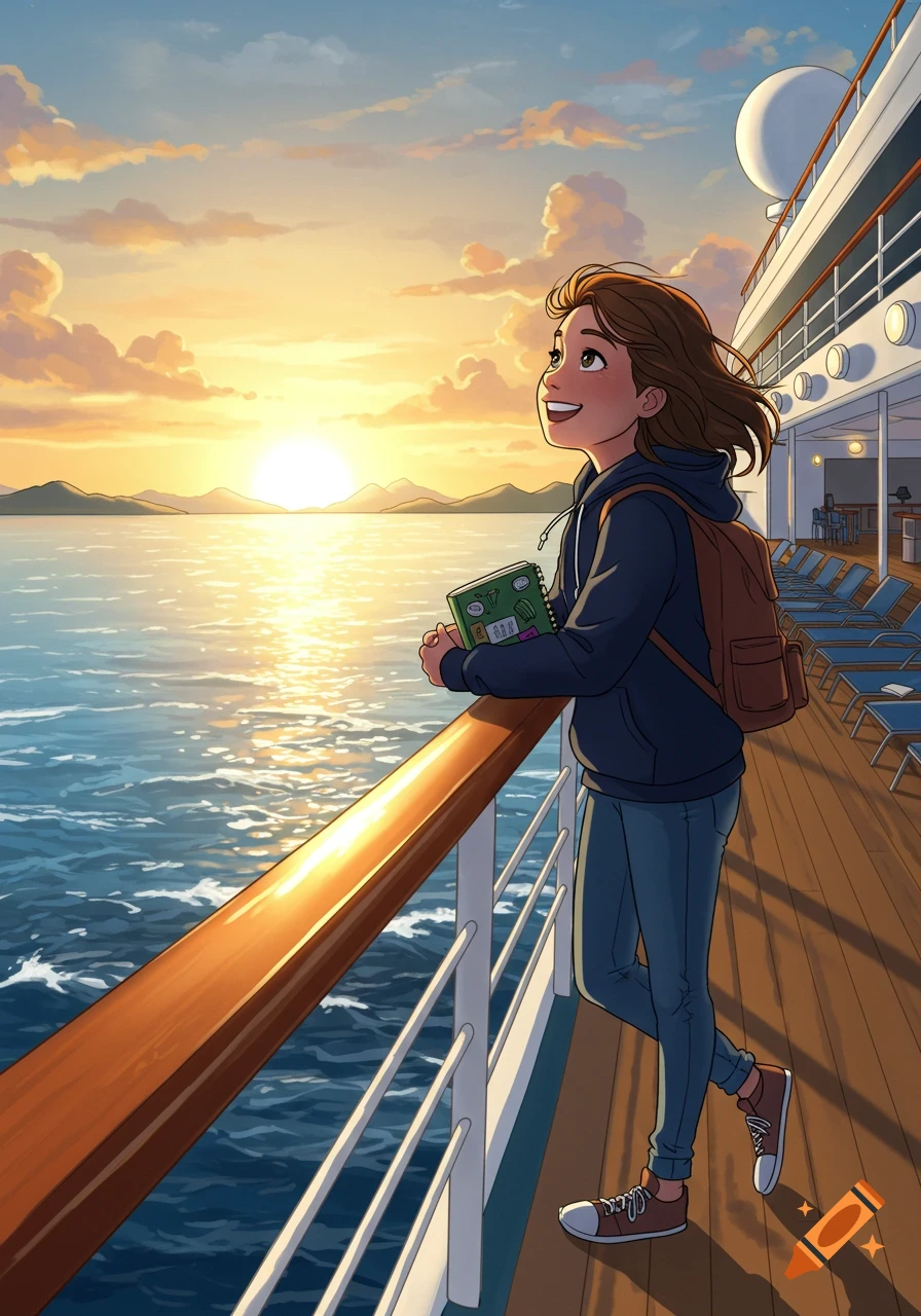 An illustration of a young woman with a backpack and a notebook standing on a cruise ship deck, looking at a beautiful sunset over the ocean.