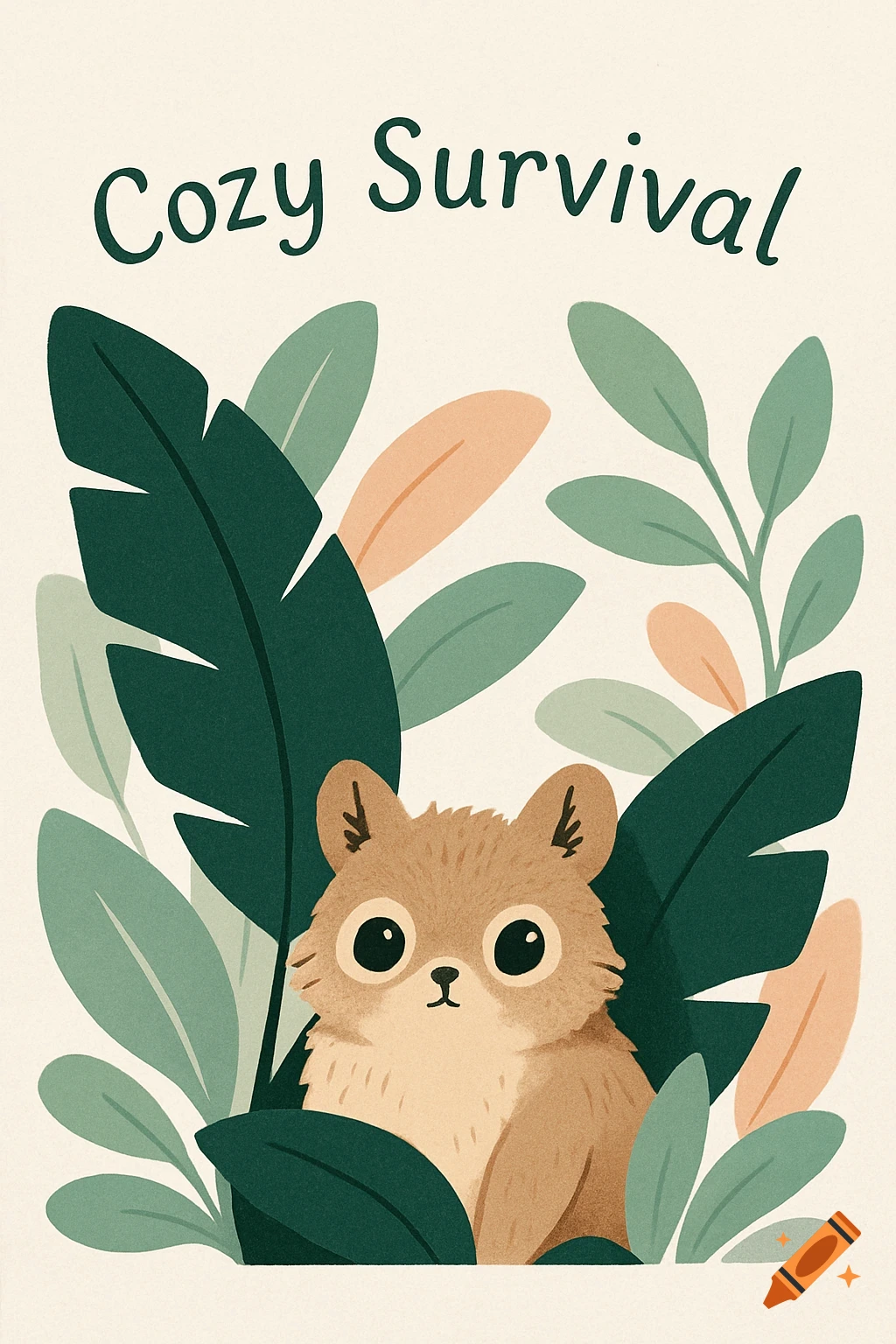 A minimalist illustration of a cute brown furry creature peeking from large green leaves, with 'Cozy Survival' text at the top.