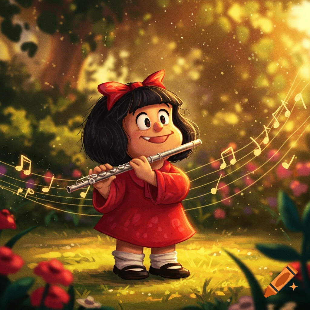 A happy cartoon girl, resembling Mafalda, plays a silver flute in a sunny, lush garden with musical notes floating around her.