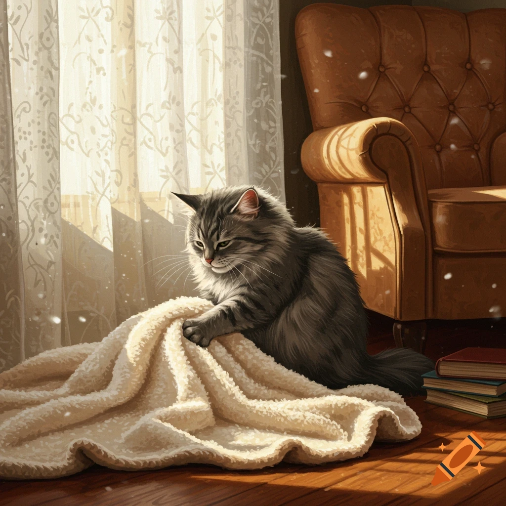 A fluffy gray cat kneads a soft white blanket on a sunlit wooden floor, beside a brown armchair and books.