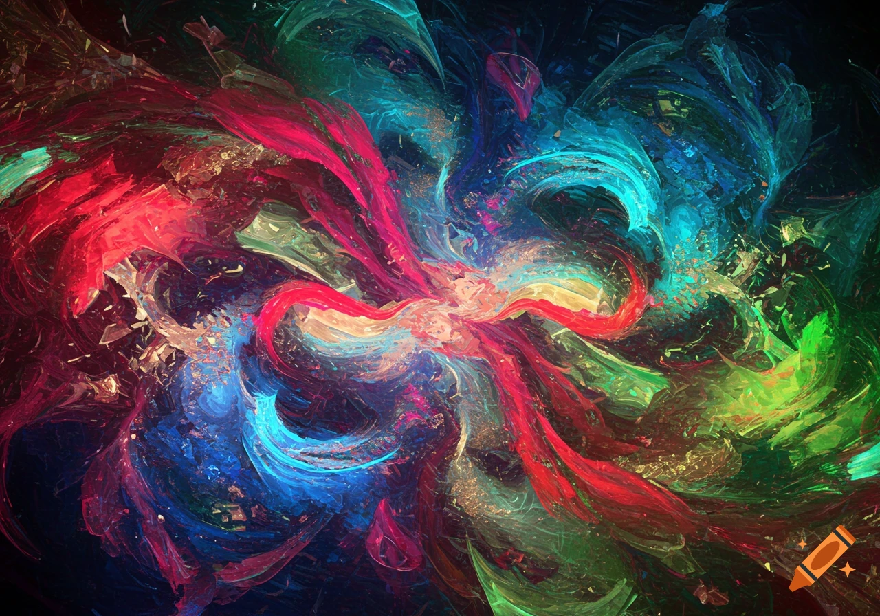 A vibrant abstract pattern of swirling red, blue, green, and gold colors.