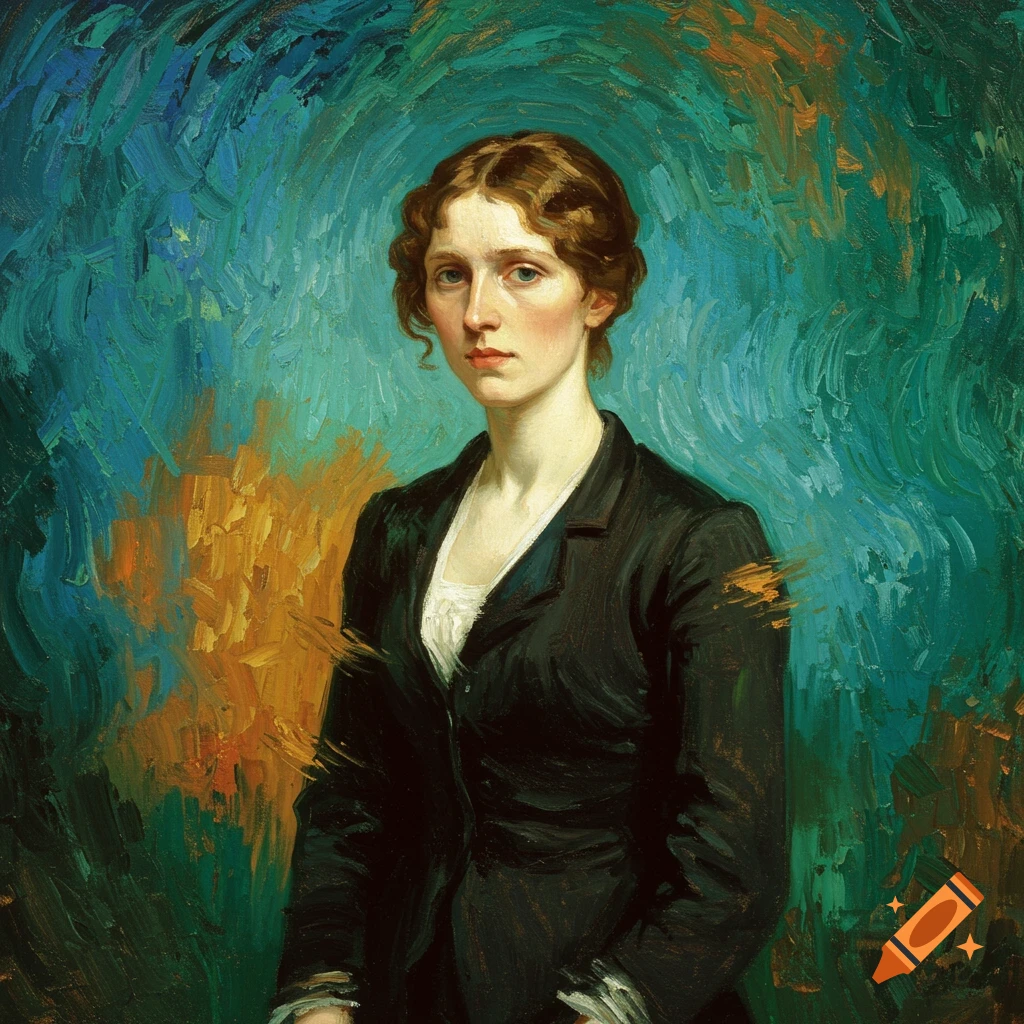 A painterly portrait of a woman with brown hair in a dark jacket, against a background of swirling blue, green, and orange brushstrokes, in the style of Van Gogh.