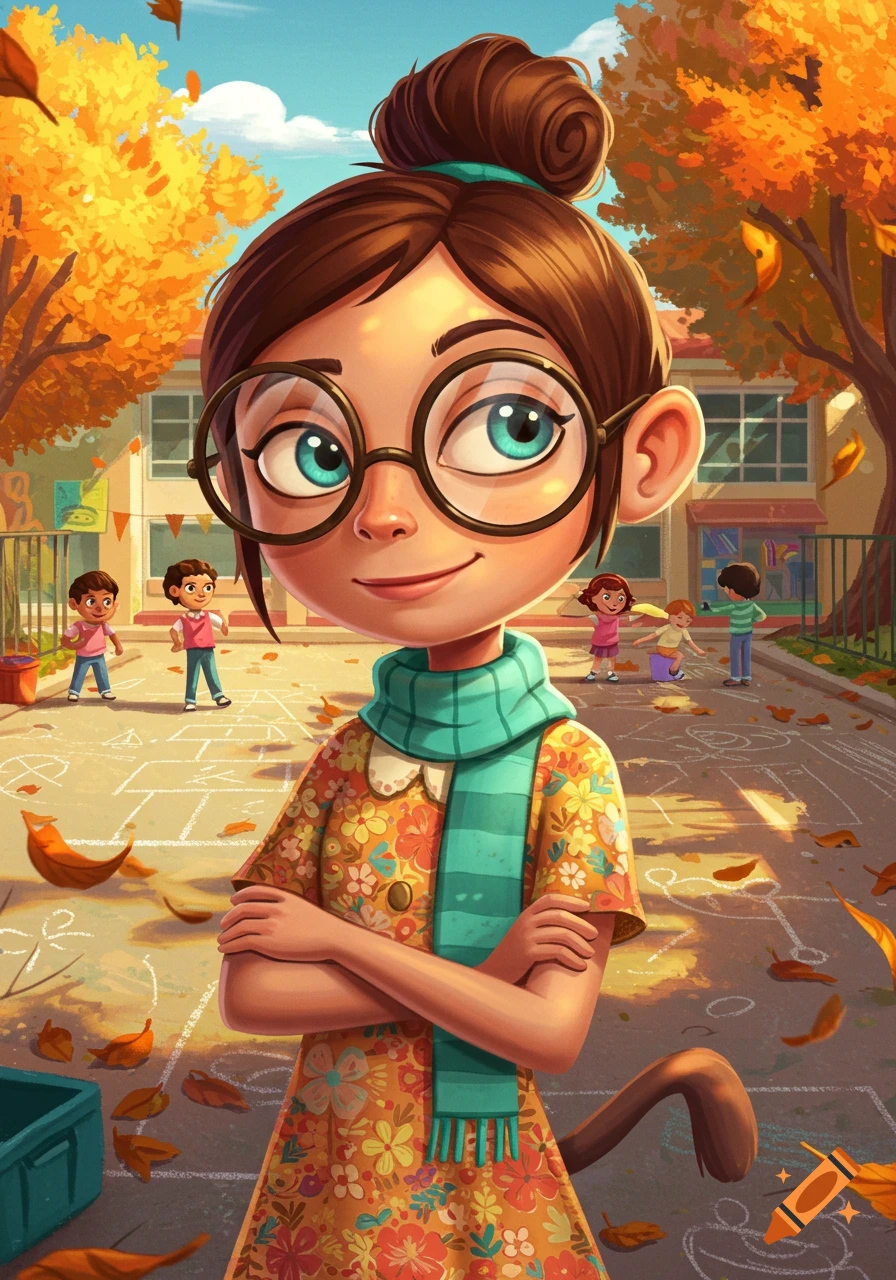 A smiling cartoon girl with glasses and a bun stands with crossed arms in an autumn schoolyard with children playing.