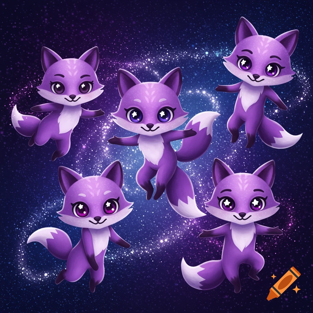 Five cute purple cartoon foxes with big eyes float in a dark blue and purple starry sky.