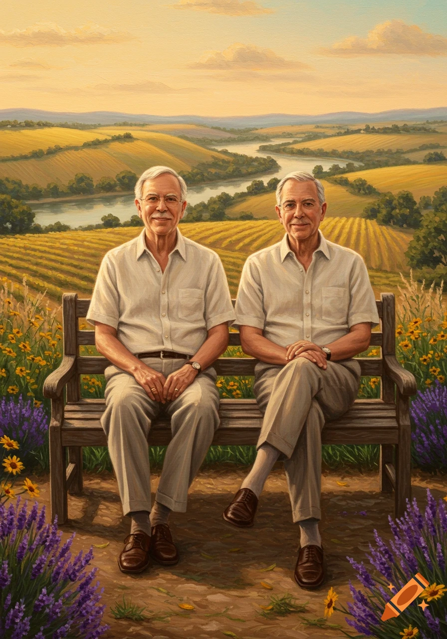 Two elderly men sit on a wooden bench in a painterly rural landscape with fields, a river, and flowers.