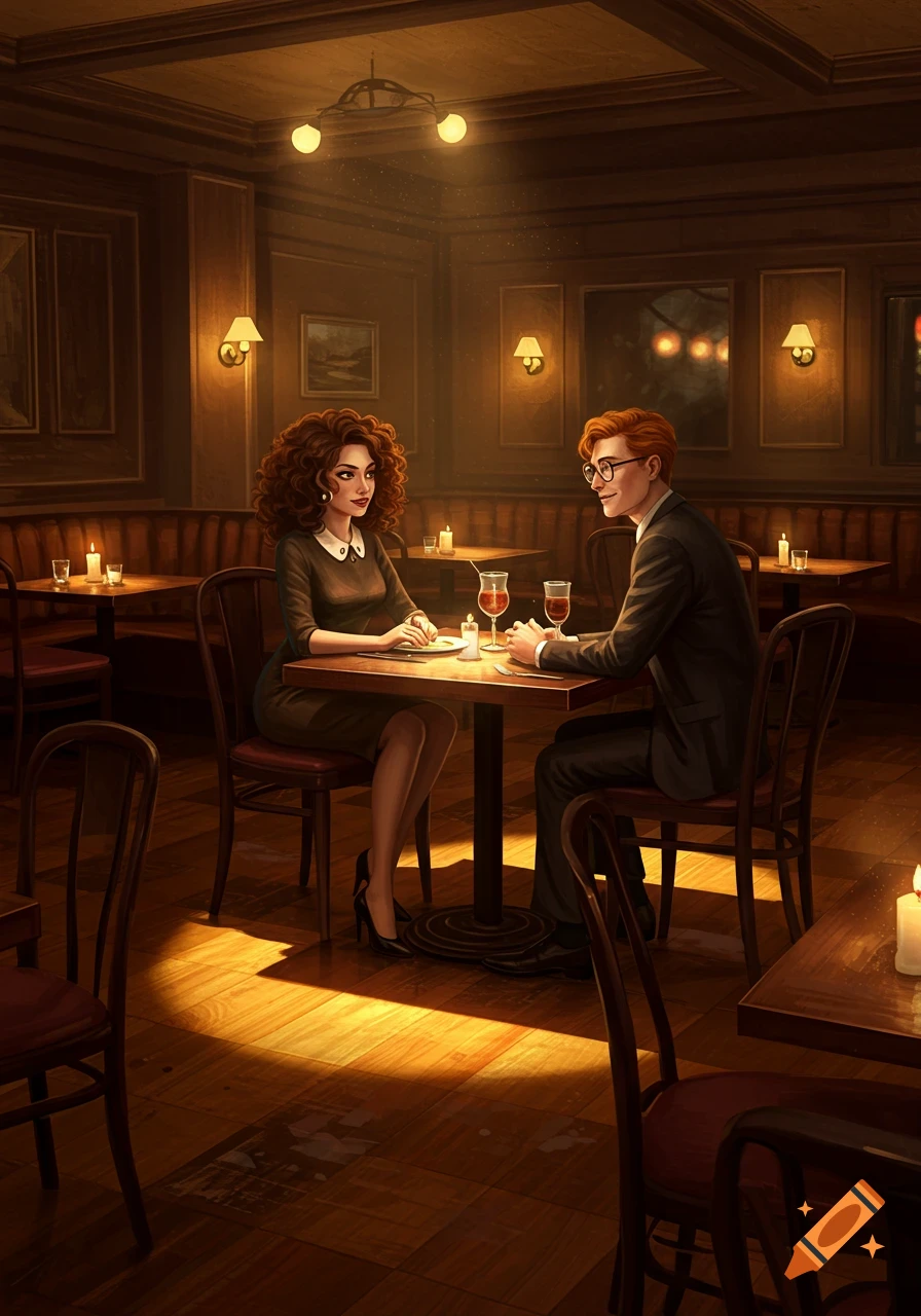 An illustrated couple, a woman with curly hair and a man with ginger hair, sitting at a candlelit table in a vintage-style restaurant.