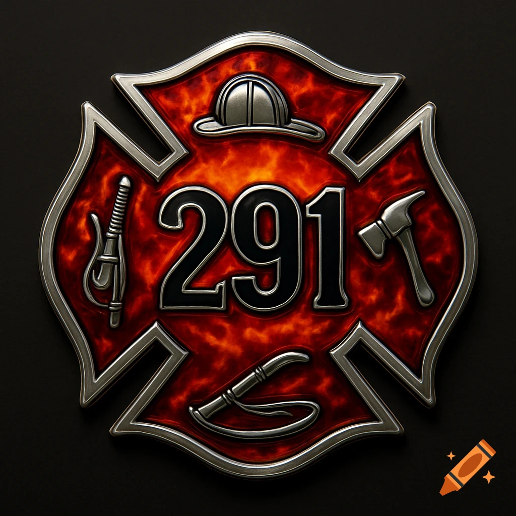 A metallic Maltese cross firefighter logo with a fiery red background and the number '291' in the center, surrounded by tools.